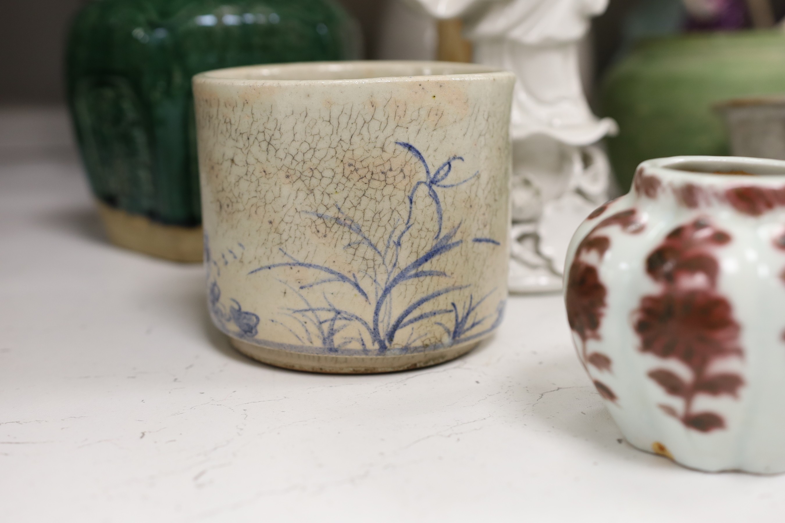 A group of Chinese and studio ceramic vases and bowls, to include a figure of Guangyin, 37.5cm tall